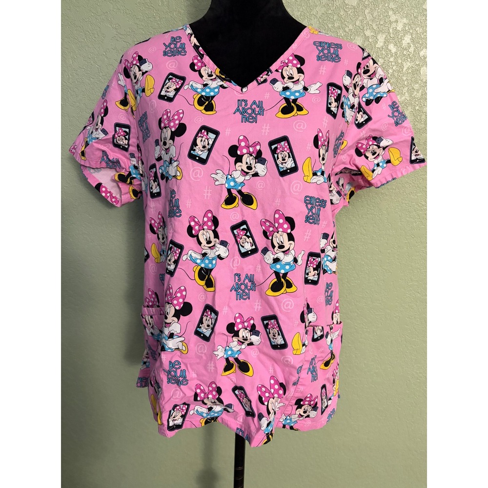 Disney Minnie Mouse Pink Selfie Print V-Neck Scrub Top Large L Women